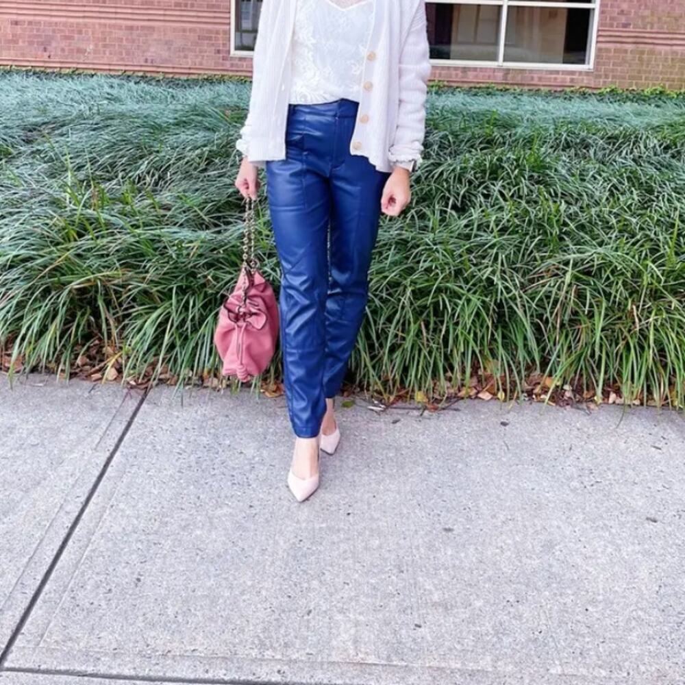 Ronny Kobo Blue Faux Leather Pants SIZE 4 Trouser Tapered Career Designer $305 - Picture 5 of 13